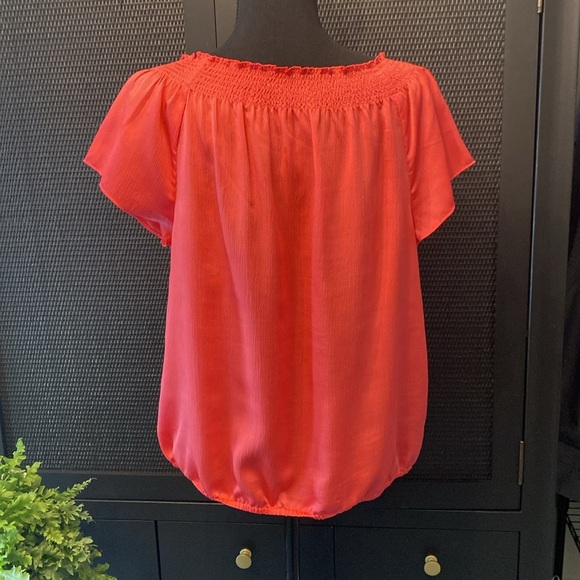 Ann Taylor Petite Coral Elastic Neck Cap Sleeve Elastic Waist Blouse - Picture 3 of 6